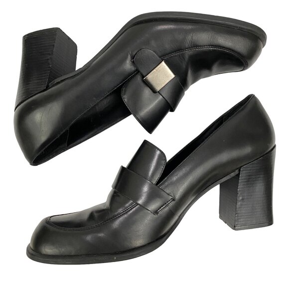 Franco Fortini Black Leather Heeled Loafer Slip on Shoes Office Career Womens 11 - Picture 4 of 10